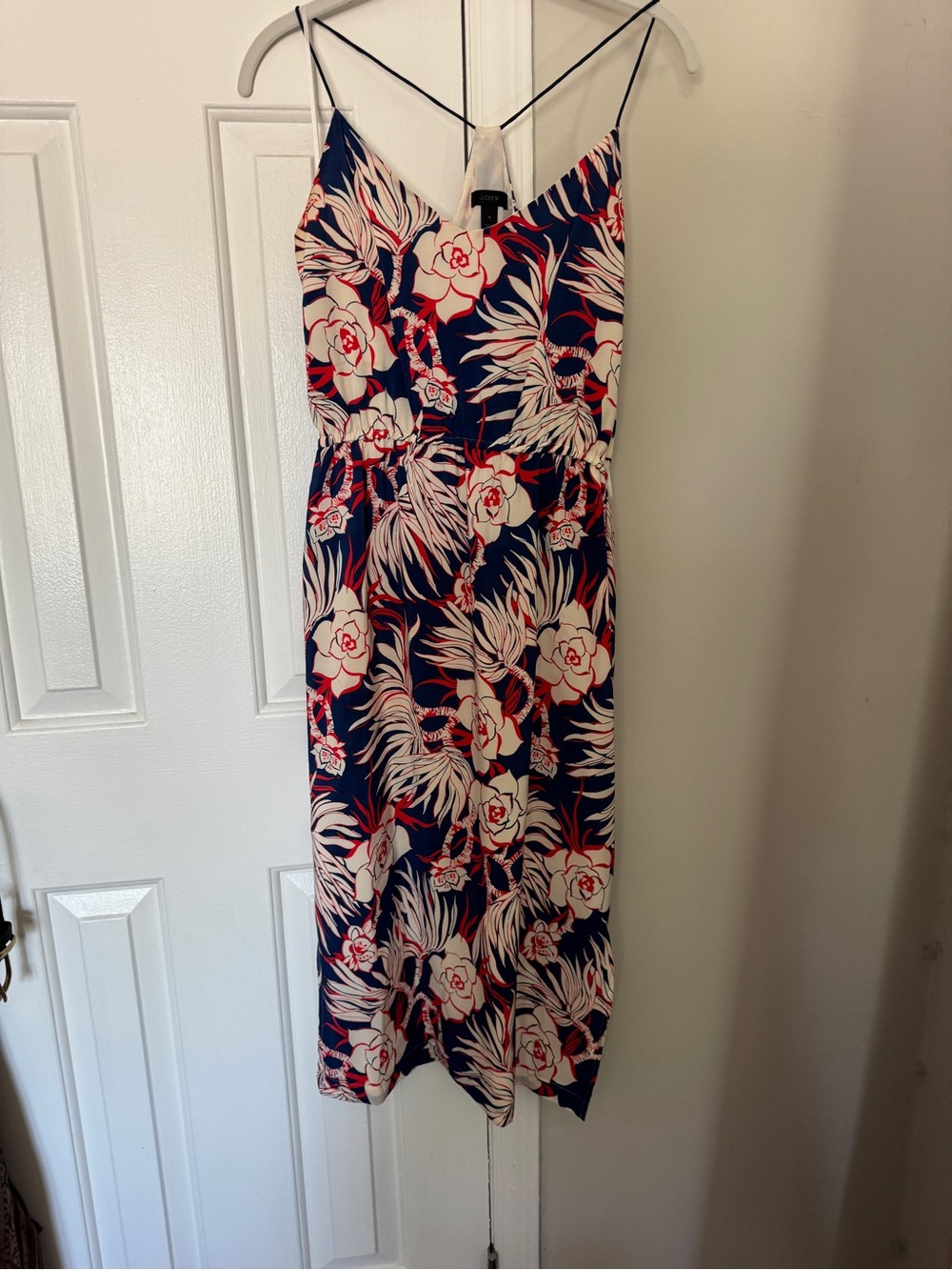 J. Crew silk Navy Floral Midi Dress with Cream & Red Print